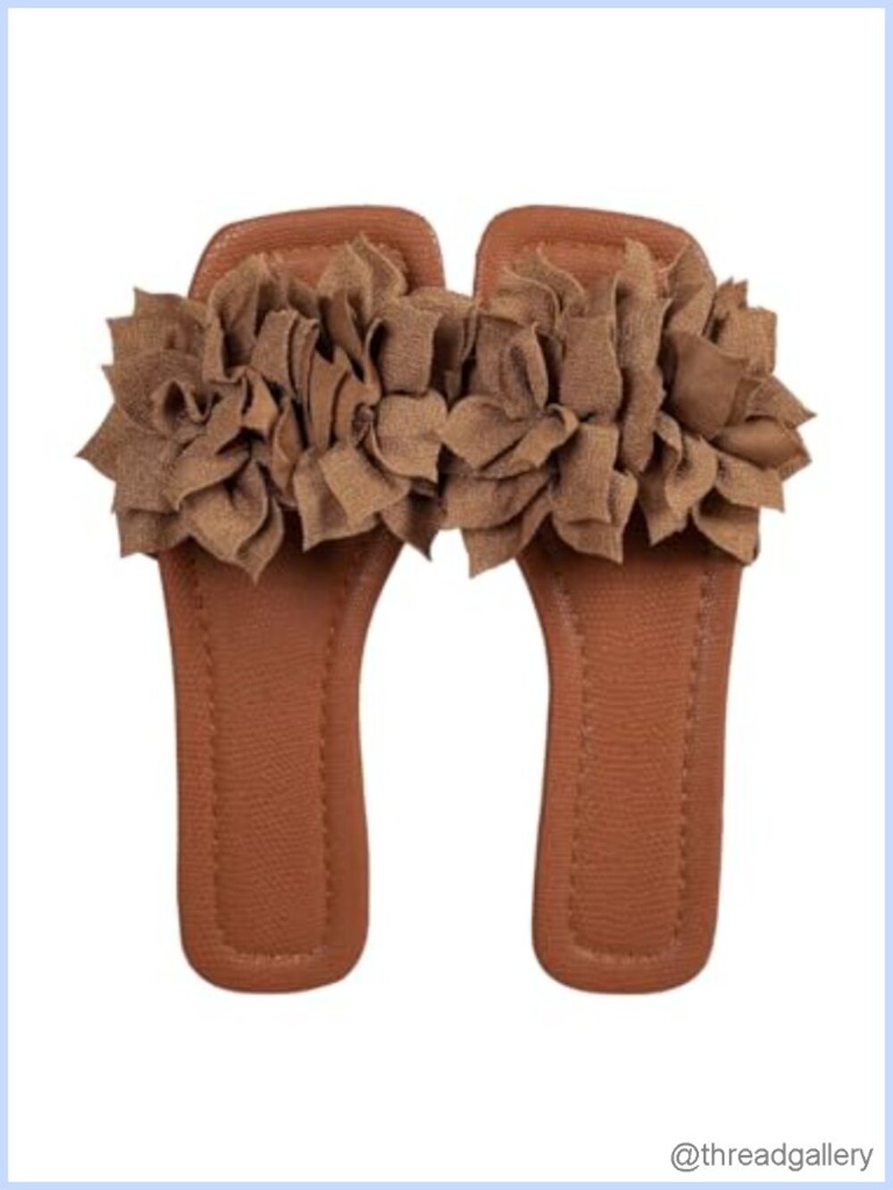 3D Flower Square Toe Slide Sandals Boho Pu Leather Slip On Beach Flats